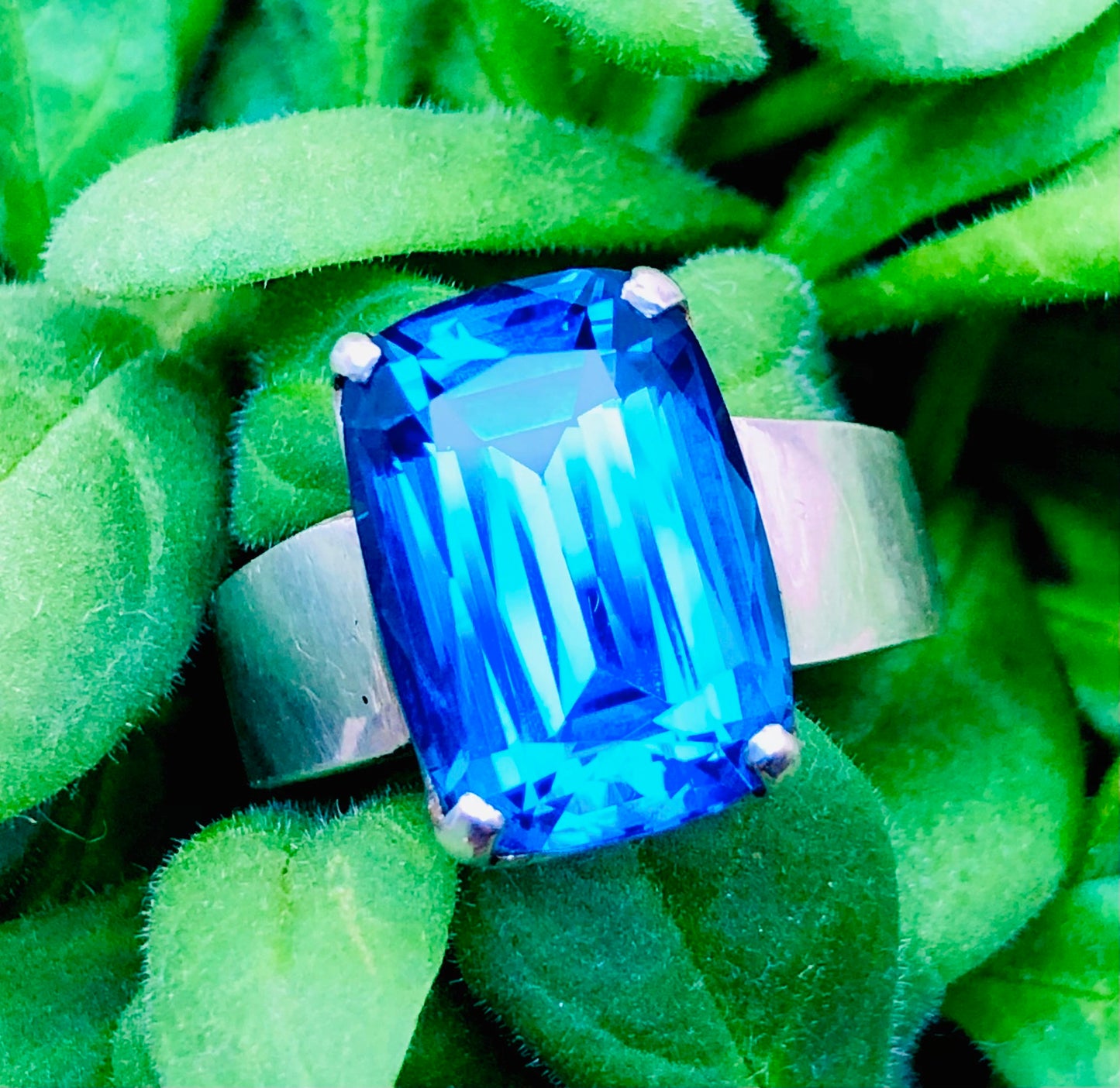 Electric Blue Topaz Silver Ring 14G 925 Silver Beautiful Big Ring Hand Made - Gemstone