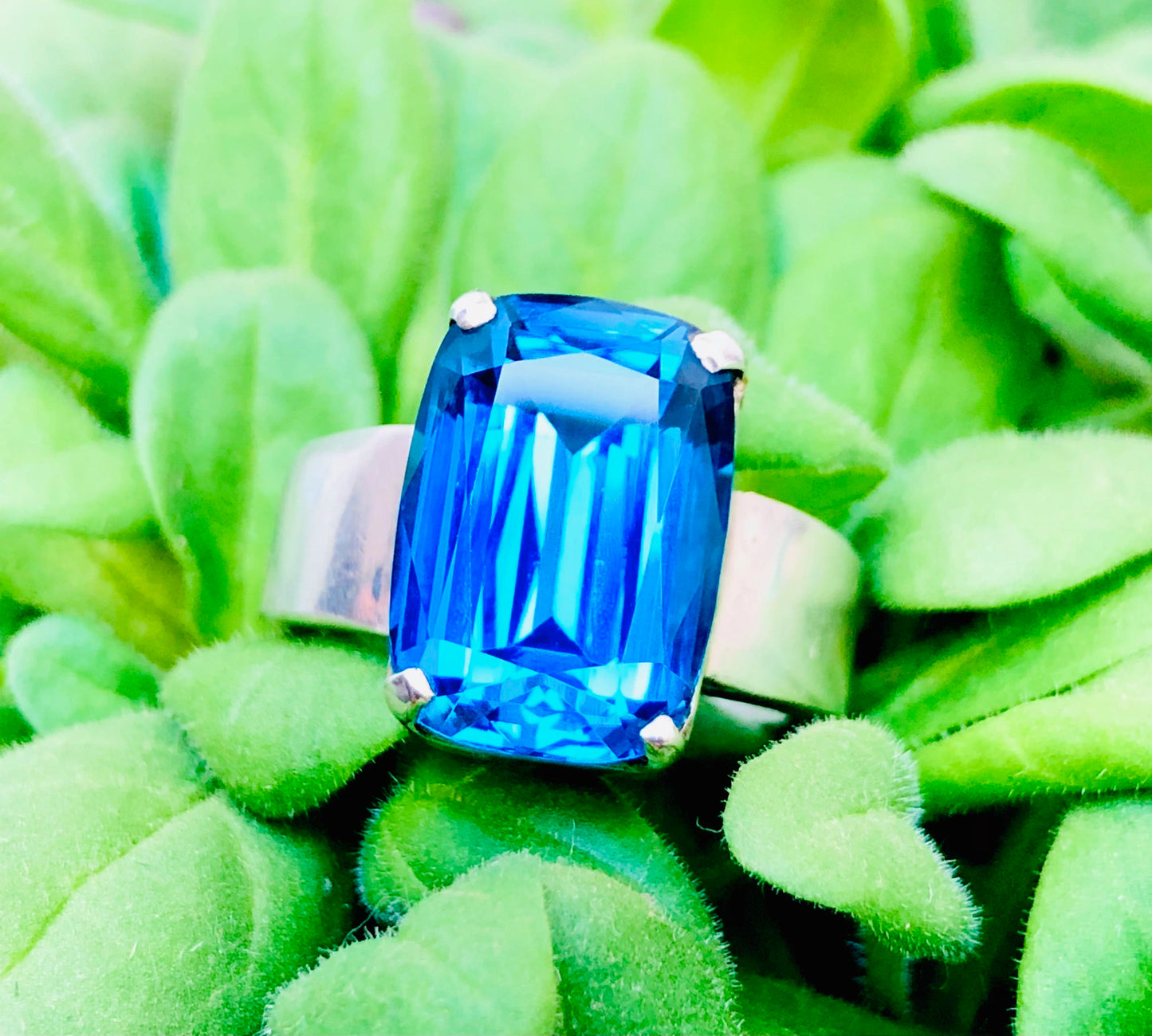 Electric Blue Topaz Silver Ring 14G 925 Silver Beautiful Big Ring Hand Made - Gemstone