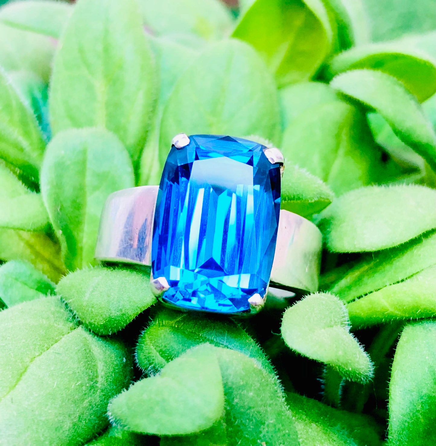 Electric Blue Topaz Silver Ring 14G 925 Silver Beautiful Big Ring Hand Made - Gemstone