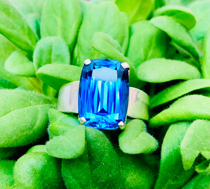 Electric Blue Topaz Silver Ring 14G 925 Silver Beautiful Big Ring Hand Made - Gemstone