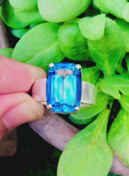 Electric Blue Topaz Silver Ring 14G 925 Silver Beautiful Big Ring Hand Made - Gemstone